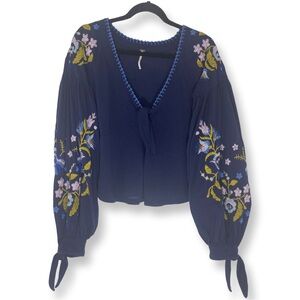 Free People Navy Floral Embroidered Blouse